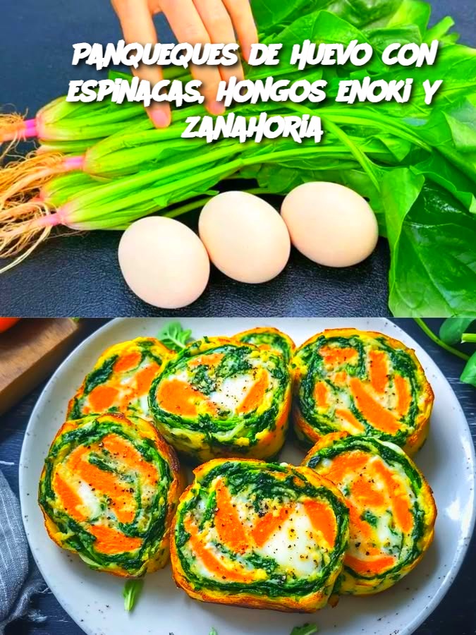 Panqueques de huevo con espinacas, hongos enoki y zanahoria